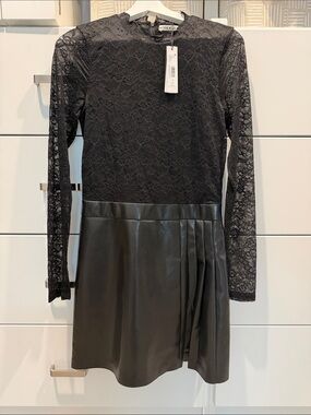 Alice+Olivia Black Lace Top with Faux Leather Pleated Skirt Dress